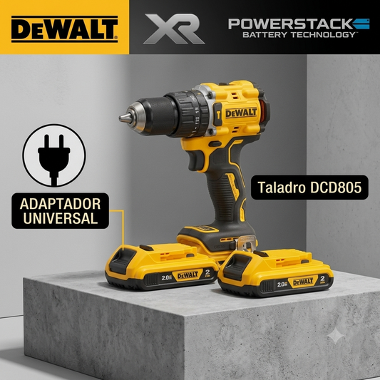 Kit combinado DEWALT DCD805 de 20 V: taladro percutor inalámbrico sin escobillas, destornillador eléctrico y taladro manual con batería de litio (set completo).