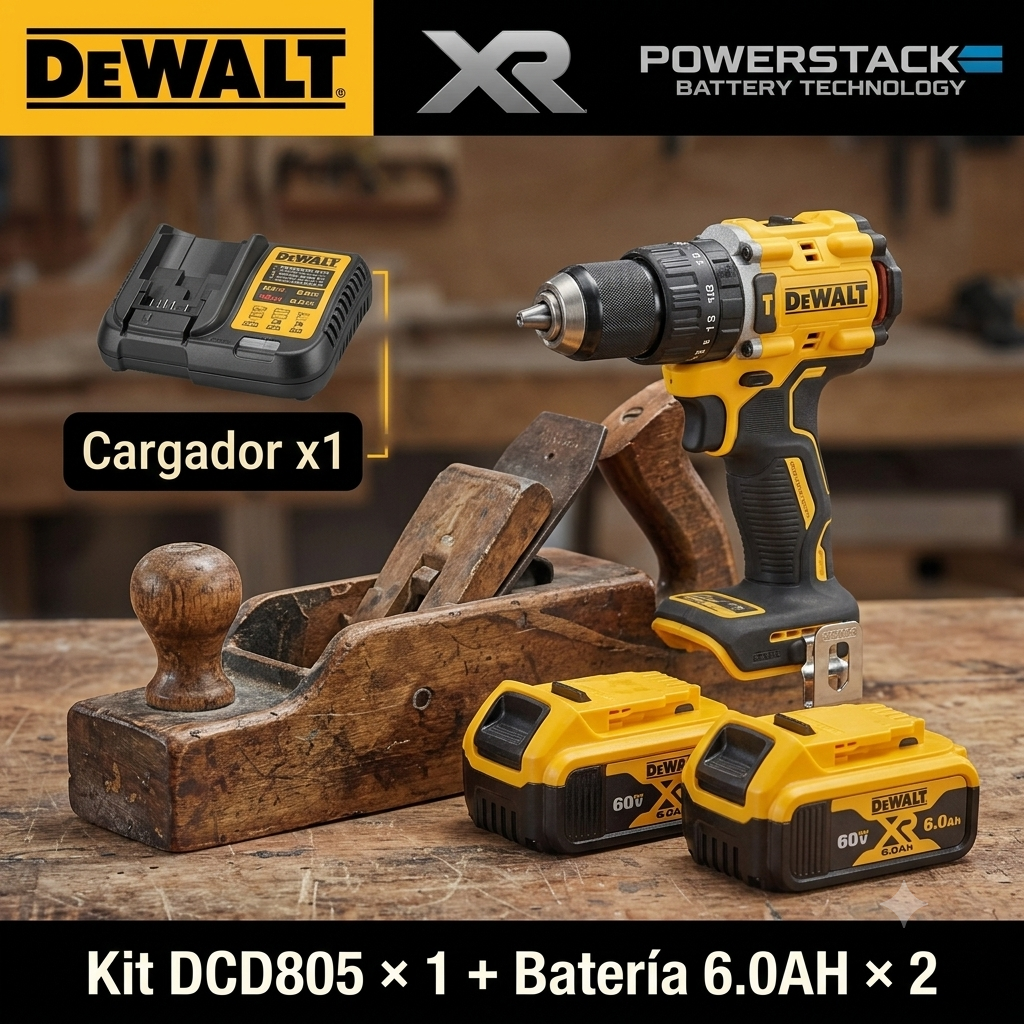 Kit combinado DEWALT DCD805 de 20 V: taladro percutor inalámbrico sin escobillas, destornillador eléctrico y taladro manual con batería de litio (set completo).