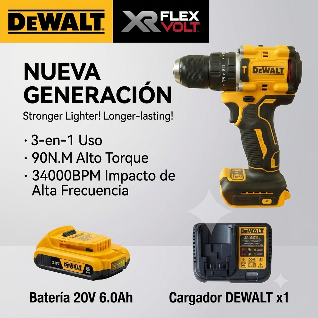Kit combinado DEWALT DCD805 de 20 V: taladro percutor inalámbrico sin escobillas, destornillador eléctrico y taladro manual con batería de litio (set completo).
