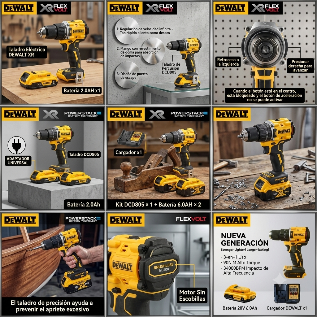 Kit combinado DEWALT DCD805 de 20 V: taladro percutor inalámbrico sin escobillas, destornillador eléctrico y taladro manual con batería de litio (set completo).