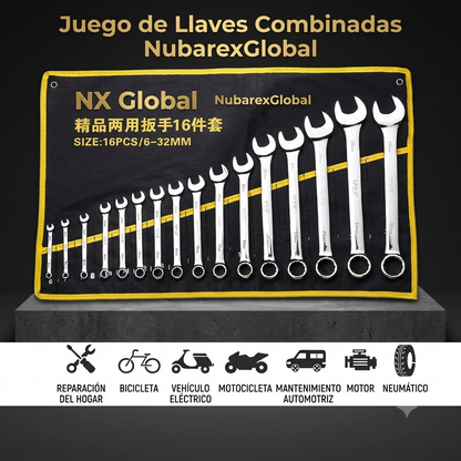 Juego de llaves combinadas métricas de doble extremo (6-32 mm): llaves fijas y de boca abierta para reparación de automóviles y motocicletas; incluye bolsa de almacenamiento.